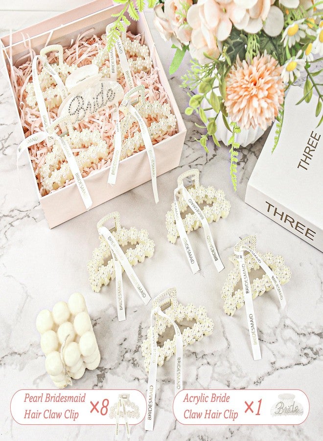 FEINIGESI 9 Pcs Pearl Bridesmaid Hair Claw Clips With Ribbon and 1Pack Acrylic Bride Claw Hair Clip With Rhinestone Bride Logo Set,Bachelorette Bridal Party Favors Present Bridesmaid Proposal Gifts - Image 4